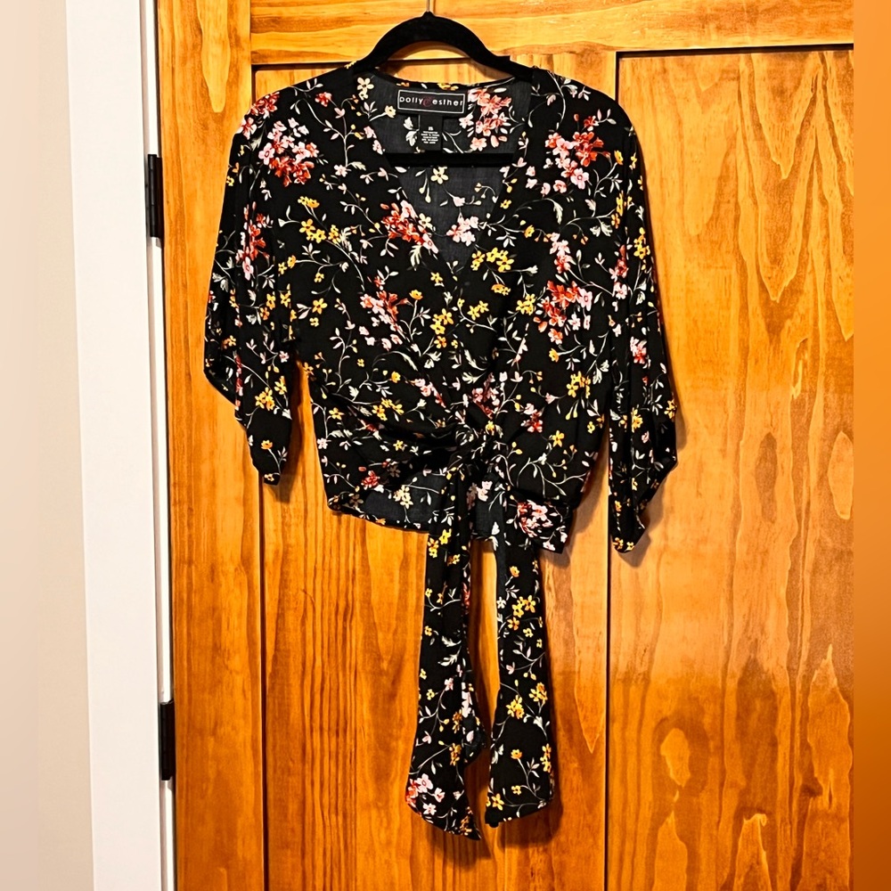 Black Floral Front Tie Blouse